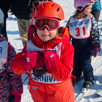 Eliza queuing up for her first-ever ski race